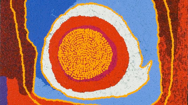 A colourful painting with bright red, orange, and blue curved shapes